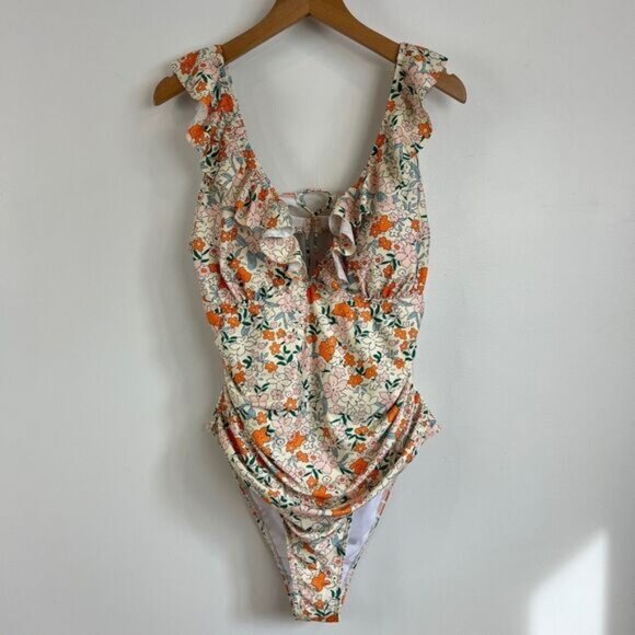 Women's 2XL XXL Orange White Floral Open Back One Piece Swimsuit Swimwear Frill - Picture 1 of 13